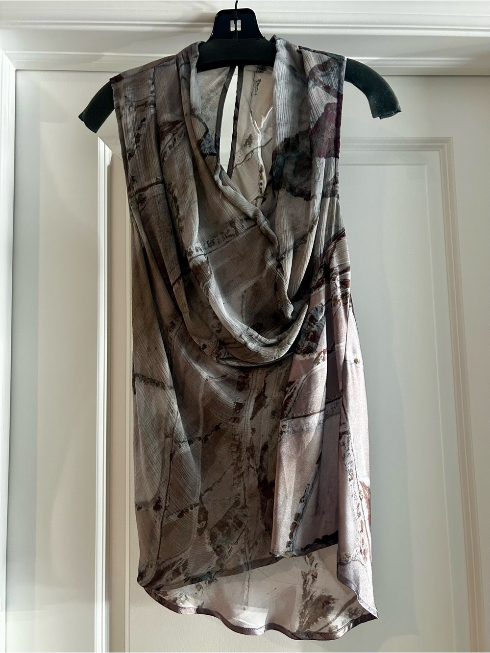 Asymmetrical Draped Sleeveless Top in Taupe Gray Print